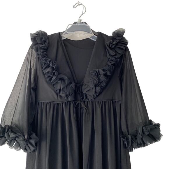 Vintage Black Sheer Peignor Nightgown Robe Ruffle Set size medium 70s Union USA - Picture 2 of 14